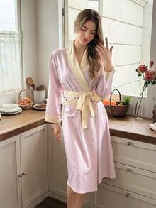 Snug Reverie Comfortable Soft Striped Patchwork Plaid Contrast Color Tie-Front Robe Lounge Sleep Pink Gingham Autumn Cute Kawaii Lounge Cute - Pink - View 7