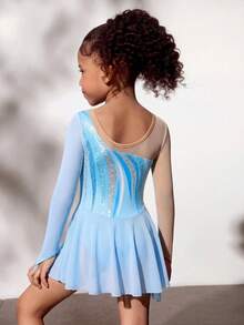 SHEIN Vestido de patinaje artístico para niñas jóvenes, azul verdoso claro, verano, niñas con decoración de strass brillante, manga larga, falda de malla ajustada para competición & entrenamiento - Azul - Ver 2