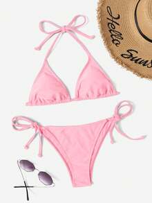 Swim Vcay Women's Summer Beach Solid Color Halter Tie Sexy Bikini And Triangle Bottom Two-Piece Swimsuit Set - Baby Pink - View 3