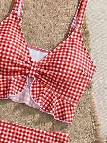 Swim Mod Bikini Camisole Motif Kotak-kotak untuk Liburan Pantai Musim Panas Wanita - Red and White - View 4