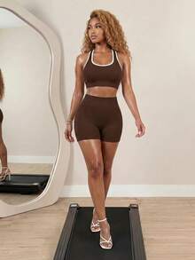 Dewbera Women Ribbed Trim Crop Tank Top And Shorts Set Brown Sports Bra Workout Two Pieces Athletic Yoga Setworkout - Coffee Brown - View 10