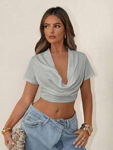 Sirith New Deep V-Neck Crop Top, Sexy Casual Revealing Design Going Out Light Grey Summer - Grey - View 3
