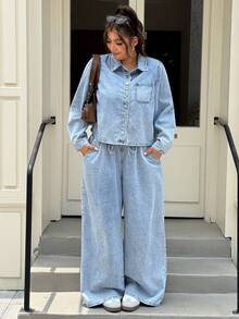 Muchica Plus Size Women's Long Sleeve Single-Breasted Shirt And Wide Leg Jeans Casual 2 Pieces Set - Baby Blue - View 4