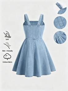 SHEIN Tween Girl Patchwork A-Line Skirt Dress, Washed Dark Blue Denim, Casual Sweet Street Style Fashion Vacation Design Versatile All-Match Minimalist Patchwork Extra Large Skirt Back Elastic Waist Fitted Denim Short Dress, Soft Comfortable Cotton Denim Fabric For Travel Party School, 2026 Summer New Arrival - Medium Wash - View 2