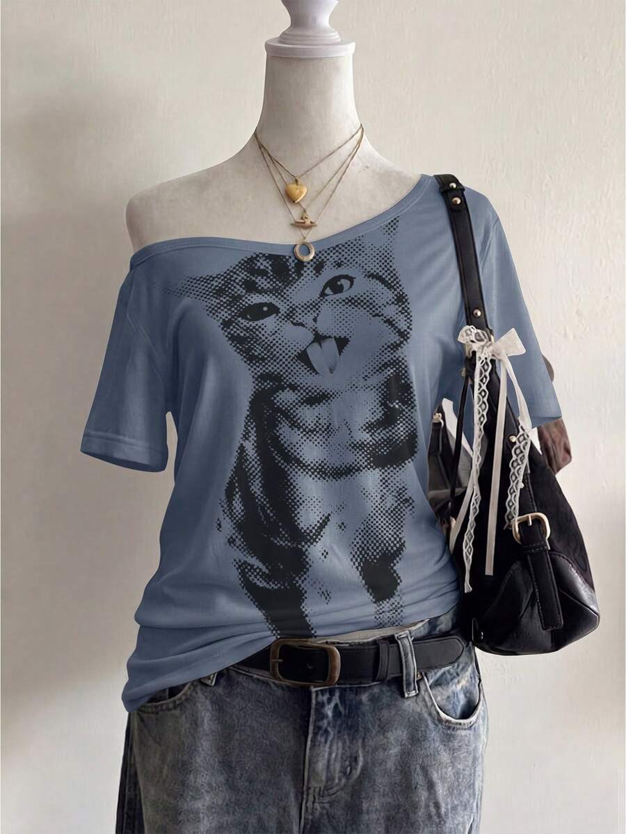 Lalippa 女士时尚性感猫咪印花斜肩T恤 - 黑色 - 查看 1