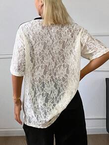 DAZY Lace Letter Print Loose Short Sleeve Casual Vacation Summer Women's T-Shirt School - Apricot - View 7