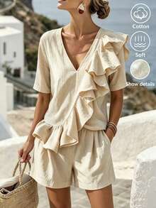 Zayélia Ensemble chemise à manches courtes à volants et short de couleur unie avec patchwork pour femmes d'âge moyen et âgées - Nude - Voir 7
