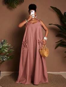 Maweii Summer Plus Size Women's Spaghetti Strap A-Line Maxi Dress, Casual Vacation Beach Bussines Carribean Vacation Full Skirt Dusty Pink - Dusty Pink - View 5