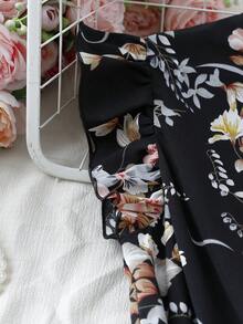 SHEIN Franclia 花卉印花小立領百褶腰度假洋裝 - 黑色 - 查看 6