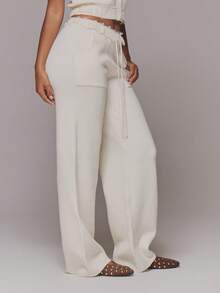 MUSERA White Knit Lace Trim Flared Trousers - Apricot - View 3