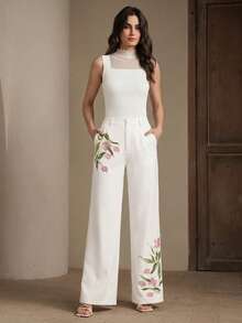Anewsta Spring/Summer New Elegant Fashion Party Date Holiday Outing Wedding Floral Sequin Embroidery Women's Long Pants - White - View 4