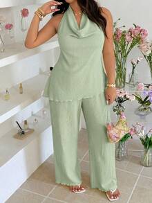 GalTyme Conjunto sexy de 2 piezas talla grande con top de cuello drapeado, escote drapeado, espalda descubierta, unicolor y cordón, y pantalones largos - verde menta - Ver 8