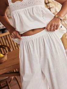 Lullawish Women's Hollow Out Embroidery Camisole And Pants Pajama Set - White - View 6