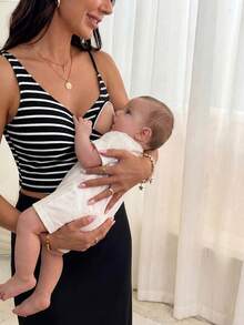 SHEIN 孕妇休闲条纹无袖哺乳上衣，夏季休闲条纹背心黑色露脐上衣女士时尚上衣性感露脐上衣 - 黑與白 - 查看 2