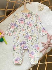 SHEIN Tutina neonata con stampa floreale carina, in maglia morbida, casual, collo rotondo, maniche lunghe e piedi coperti, morbida e confortevole, outfit per San Valentino, regalo per San Valentino - Multicolore - Visualizzare 2