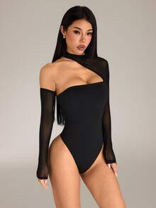 SHEIN PETITE Women's Mesh Patchwork Fitted Versatile Daily Wear Bodysuit - Black - View 7