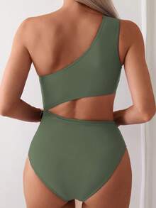 Swim Basics Women's Solid Color One-Shoulder Ruched Cutout One-Piece Swimsuit, Suitable For Beach Vacation, Pool Party, Beach Party - Army Green - View 2