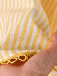 CosyJoli Plus Size Women's Yellow Striped Set, Casual Women's Clothing Short Sleeve Shorts 2 Pieces Set - Yellow - View 7