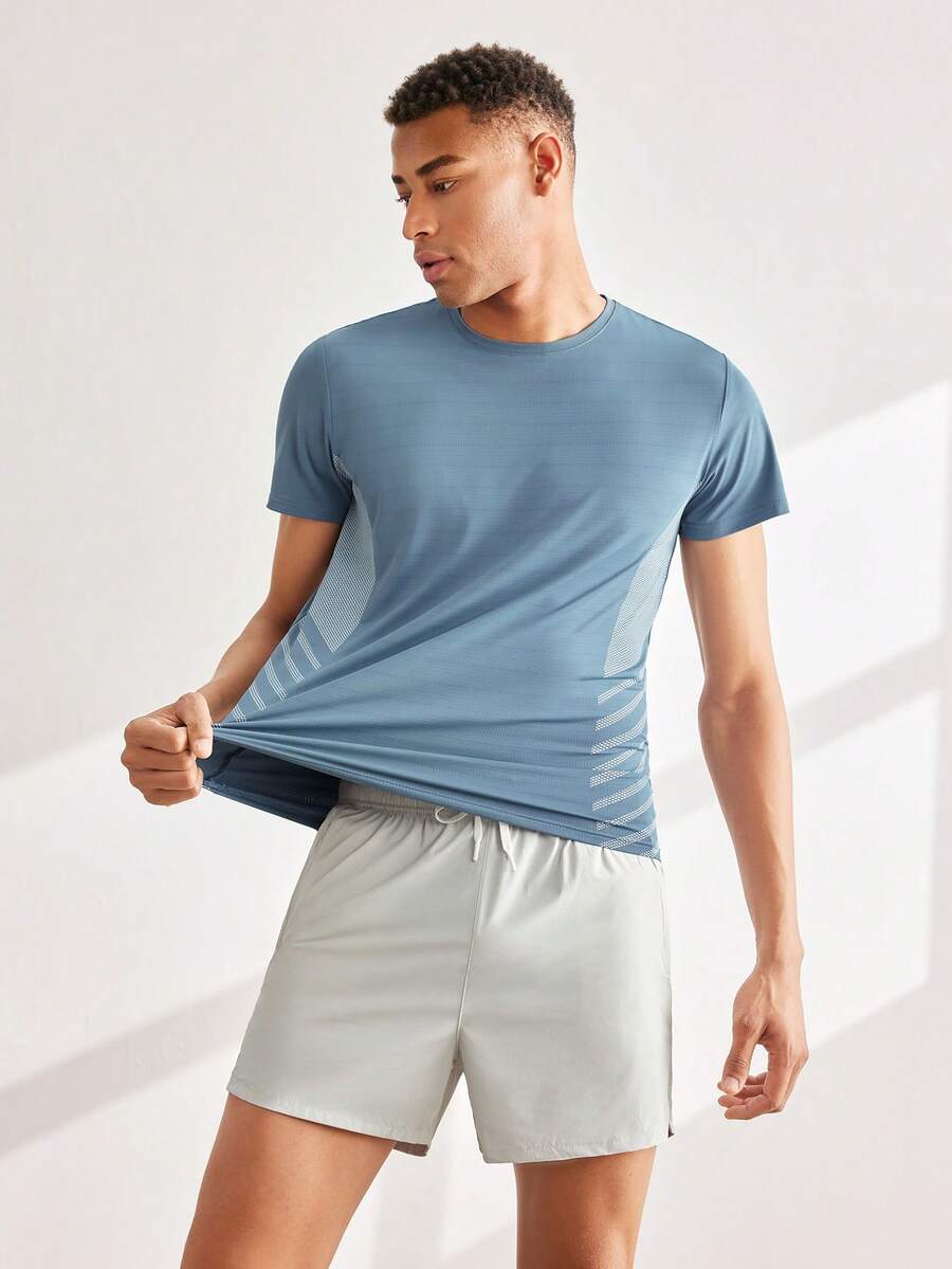 Driftmere Boyfriend Style Men's Ice-Cooling Elastic Short Sleeve And Quick-Drying Sports Shorts Set, Summer Boyfriend Style Men Two Pieces Outfits Gym Workout Running - Dusty Blue - View 1