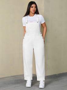 SHEIN ICON 大尺碼女款純色口袋鈕扣設計休閒牛仔連身褲 - 白色 - 查看 5