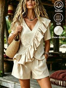 Zayélia Ensemble chemise à manches courtes à volants et short de couleur unie avec patchwork pour femmes d'âge moyen et âgées - Nude - Voir 4
