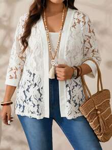 EMERY ROSE Cardigan Wanita Ukuran Besar Lengan Tiga Perempat Warna Polos Bahan Renda, Cocok untuk Liburan Musim Panas dan Pakaian Liburan - Putih - View 1