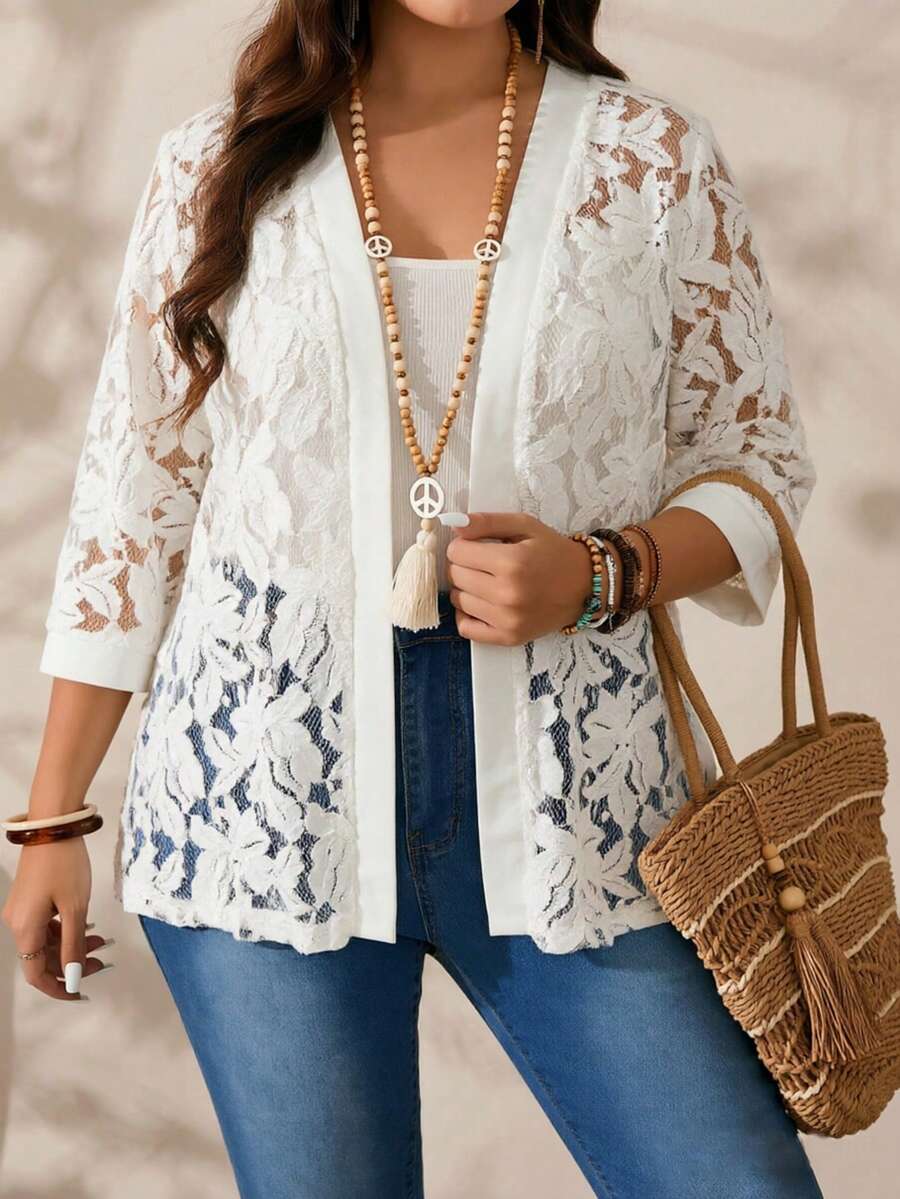 EMERY ROSE Cardigan Wanita Ukuran Besar Lengan Tiga Perempat Warna Polos Bahan Renda, Cocok untuk Liburan Musim Panas dan Pakaian Liburan - Putih - View 1