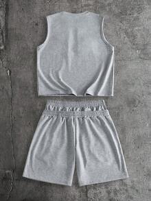AXEPEAK Herren Sommer Lässig Buchstaben Besticktes Tanktop und Shorts Set - Grau - Übersicht 2