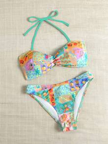 Swim Vcay 花卉蕾絲可愛甜美復古休閒度假海灘海邊女款泳衣套裝 - 彩色 - 查看 2