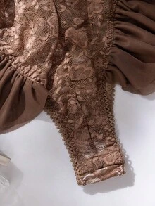 Seduluxe Butterfly Lace Mesh Ruffle Underwire Bra Sheer Sexy Jumpsuit For Women - Coffee Brown - View 4