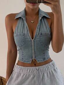 Joudiya Women's Summer Sleeveless Cowl Neck Front Zip Denim Vest Top - Light Wash - View 8