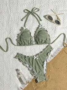 Swim Mod Women's Summer Beach Pool Party Plaid Special Fabric Halter Neck Bow Decor Frill Trim Triangle Bikini Top And Bottom Cute Girl Casual Tropical Green - Mist Green - View 4