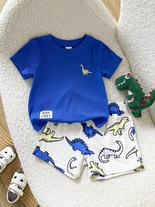SHEIN Playful Pals 2件組男嬰套裝 卡通熊圖案裝飾領短袖開襟衫與印花熊圖案短褲，男嬰上衣與短褲套裝，羅紋材質套裝，男嬰服裝套裝，夏季嬰兒熊裝扮 - 藍色 - 查看 3