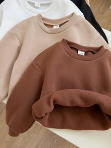 SHEIN 女嬰秋冬可愛百搭純色保暖內裡長袖運動衫 4件套 - 卡其色 - 查看 7