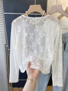 Tween Girl) Casual Basic White Base Daily Season Cooling Outerwear Cardigan With Bow Lace Collarless Open Front Long Sleeve Jacket - White - View 4