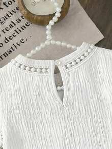 SHEIN LMoss Kids LMoss Young Girl Knitted Solid Color Round Neck Lace Ruffle Trim Fitted T-Shirt - White - View 2