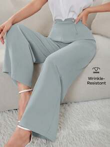 Modelyn Women's Solid Color Waist Button Design Wide Leg Loose Elegant Pants - Blue - View 5