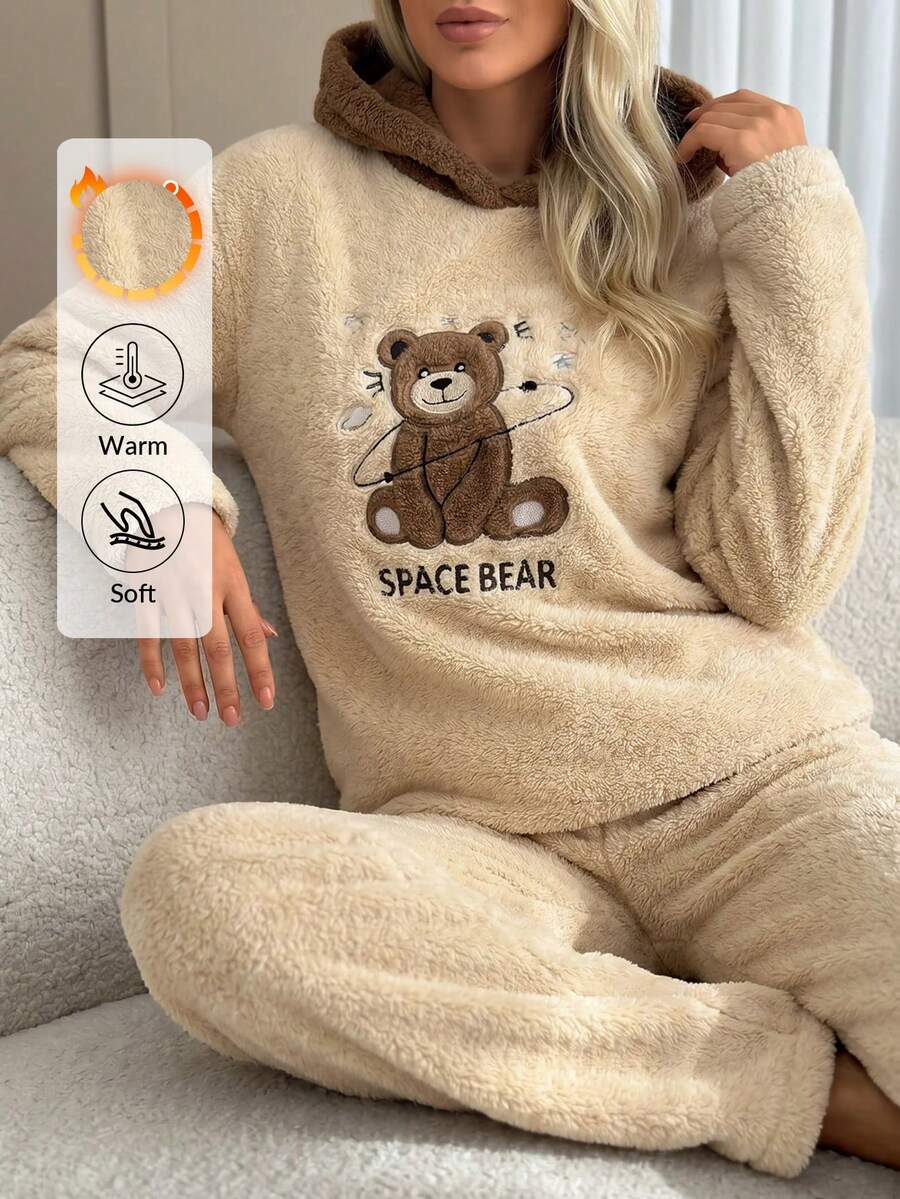 SHEIN طقم بيجامة ناعم من الفرو بتصميم دب الفضاء الحالم - بني - مشاهدة 1