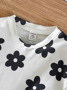 SHEIN 2pcs/Baby Girl's Summer Casual Two Pieces Set: Short-Sleeved Casual Floral Print Patchwork Top With Ribbon Bow And Long Pants - Black - View 6