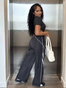 Alexandranx Casual Colorblock Stripe Wide Leg Pants Fall Cloth For Women Black - Black - View 4