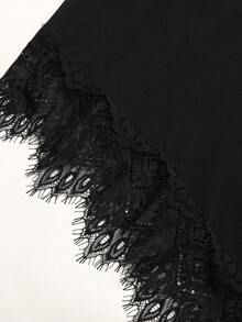 SHEIN Teen Girl Teen Girls Knit Black Patchwork Lace Trim Round Neck Loose Casual Short Sleeve Dress - Black - View 7