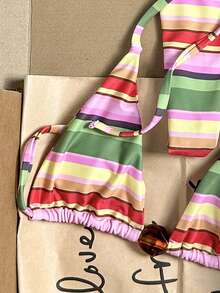 Swim Mod 2026 Spring/Summer Women's 2-Piece Bikini Swimsuit Set With Spaghetti Strap, Orange & Pink Striped Amber Rhombus Decor, High-Cut Side Thong - Multicolor - View 6