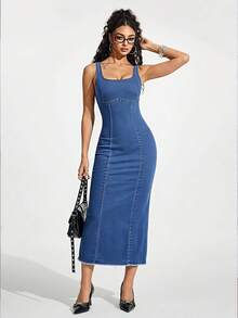 Jeanoix Plus Size Women's Square Neck Sleeveless Fitted Casual Denim Dress Date Night Formal Navy Blue Summer - Blue - View 11