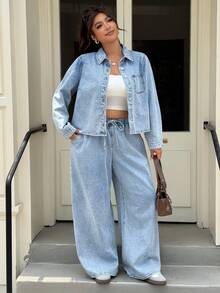 Muchica Plus Size Women's Long Sleeve Single-Breasted Shirt And Wide Leg Jeans Casual 2 Pieces Set - Baby Blue - View 1