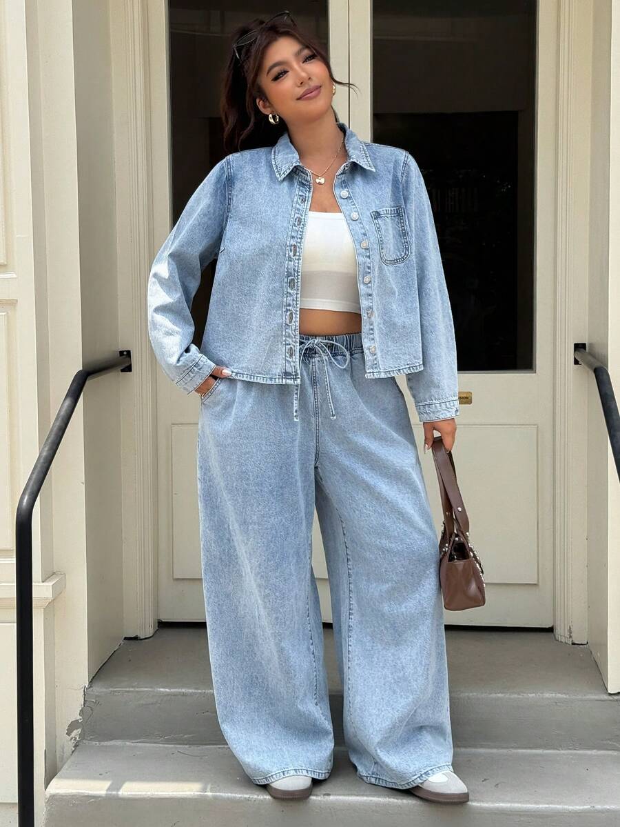 Muchica Plus Size Women's Long Sleeve Single-Breasted Shirt And Wide Leg Jeans Casual 2 Pieces Set - Baby Blue - View 1