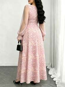 Modelyn 夢幻碎花與圖案仿刺繡印花淺藍色大尺碼女裝方領燈籠長袖極簡長洋裝，夏季收腰優雅長裙，適合夏季度假與日常穿著 - 彩色 - 查看 2