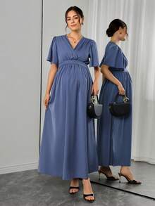 Momance Elegant Maternity Maternity Solid Color Side Slit Maternity Dress For Summer Photoshoot Dusty Blue Photoshoot - Blue - View 6