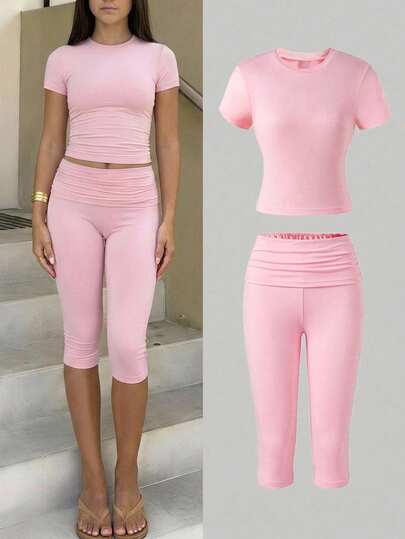 Tween Girl Summer Casual Solid Color T-Shirt And Shorts Set