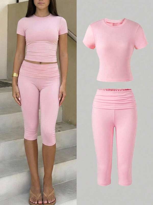 Conjunto de camiseta y pantalones cortos de unicolor casual de verano para niña preadolescente