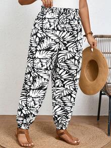 SHEIN Frenchy Celana Panjang Wanita Motif Tropis dengan Simpul di Depan, Model Pinggang Tinggi, Cocok untuk Liburan Musim Panas - Hitam dan Putih - View 1
